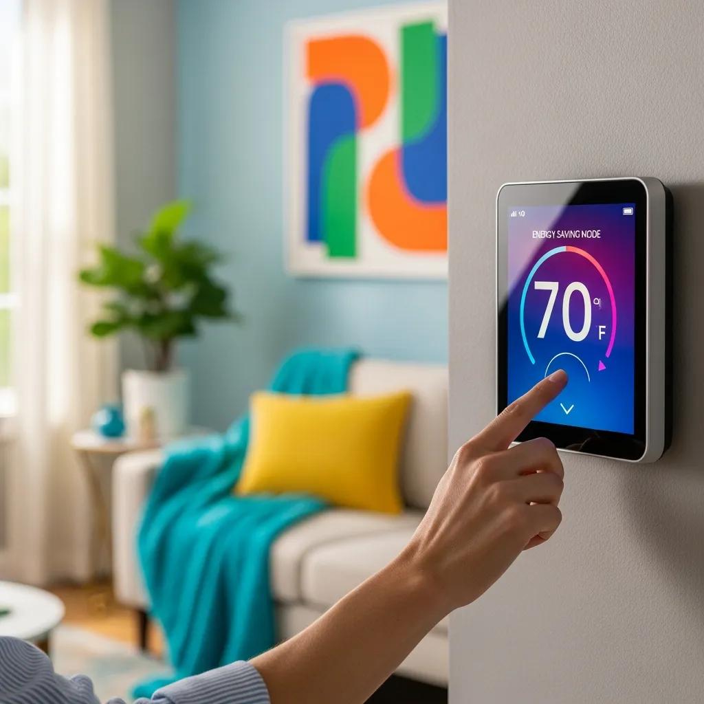 Smart thermostat in a stylish living room, illustrating energy-saving features