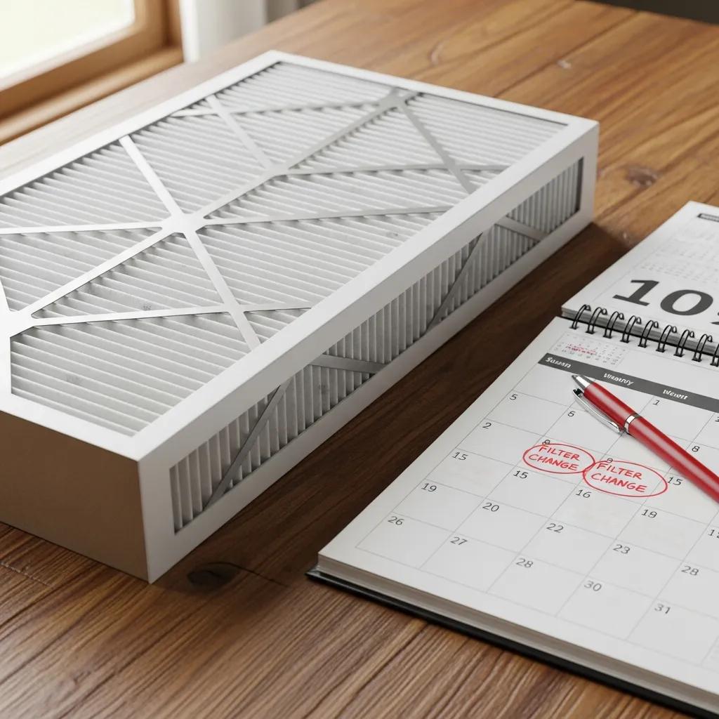 Standard HVAC air filter and calendar illustrating replacement schedule