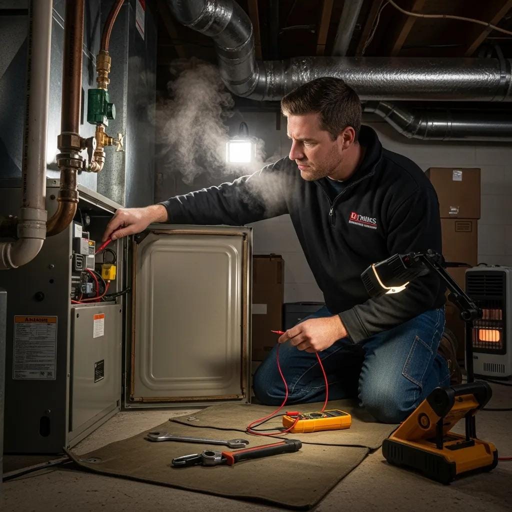 Technician addressing emergency heating repair, showcasing prompt service for urgent heating issues