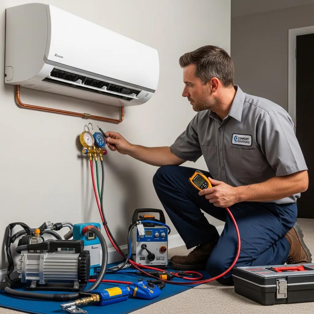 Technician conducting a comprehensive inspection of an air conditioning unit indoors