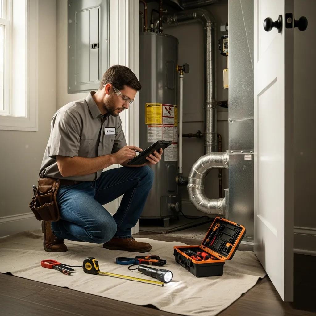 Technician conducting a pre-installation assessment for heat pump installation in a home