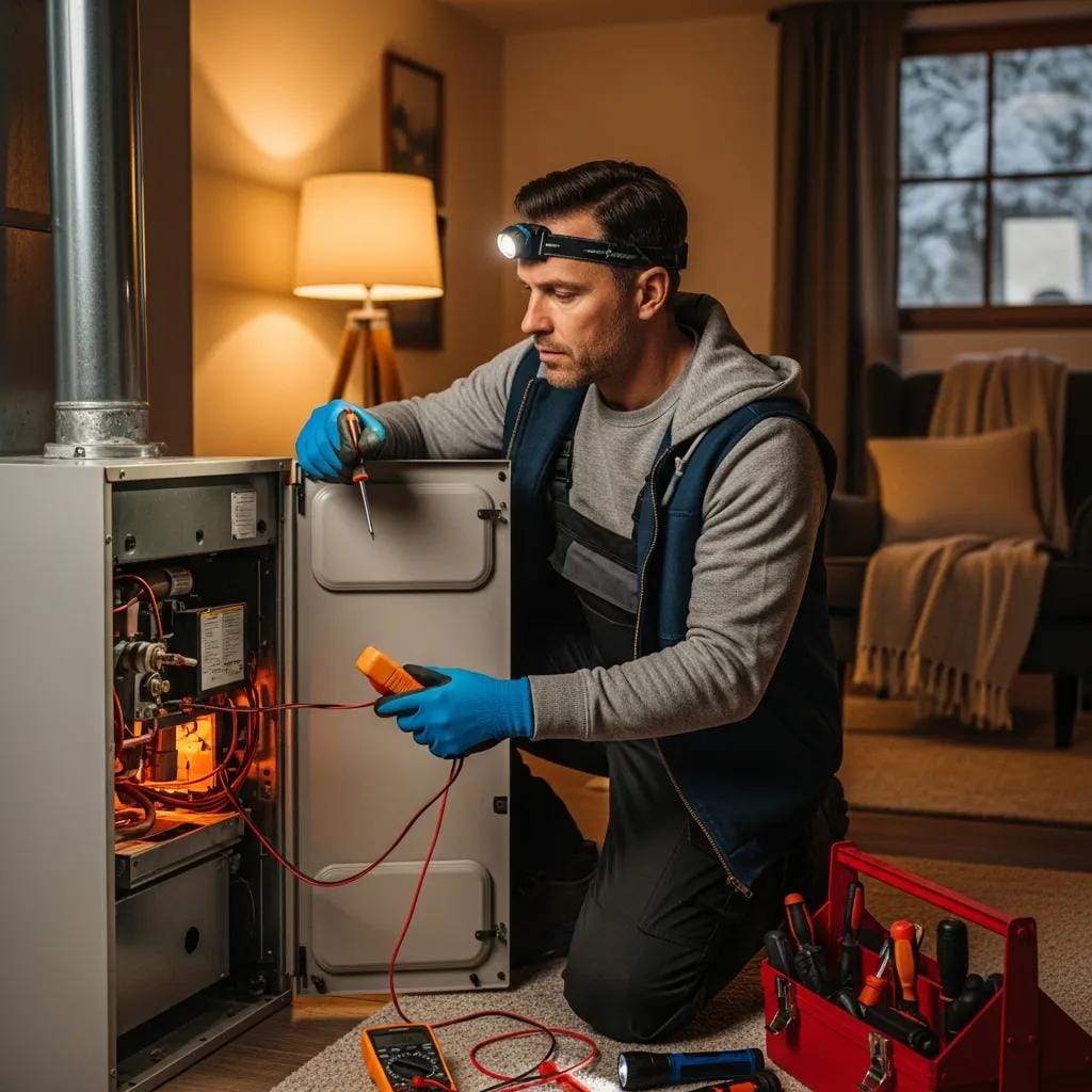 Technician inspecting a furnace in a home, showcasing urgent heating repair services