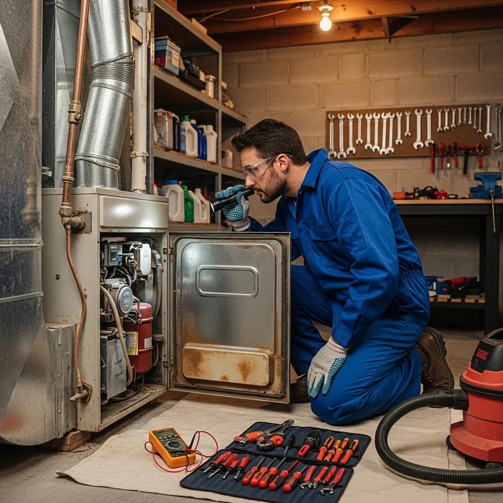 Technician inspecting a malfunctioning furnace, highlighting safety risks in winter