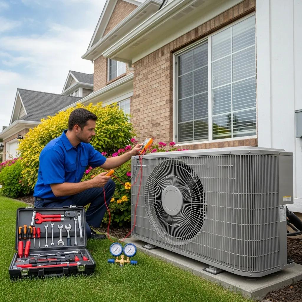 Technician inspecting an air conditioning unit in a residential setting