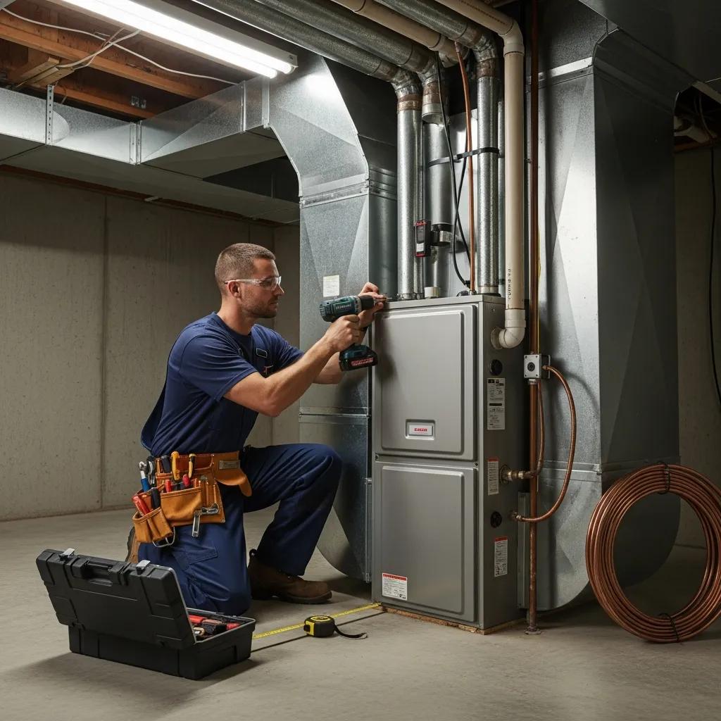 Technician installing a furnace, illustrating the steps involved in furnace installation