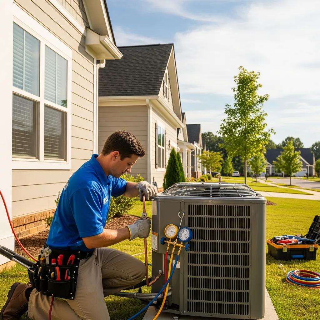 Technician installing an air conditioning unit at a Greenville home on a sunny day