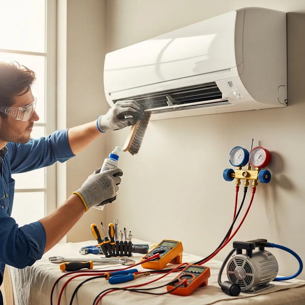 Technician performing AC maintenance to improve efficiency and reduce costs