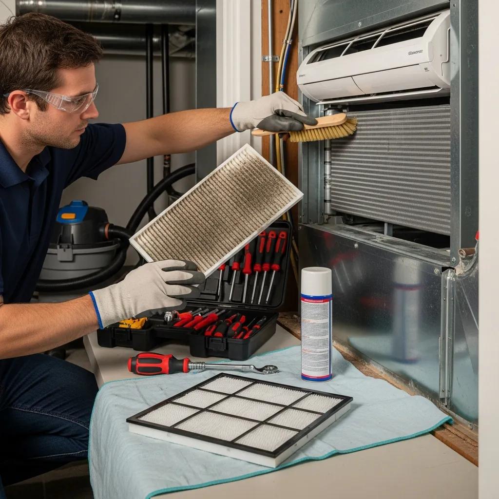 Technician performing maintenance on an HVAC system for improved air quality