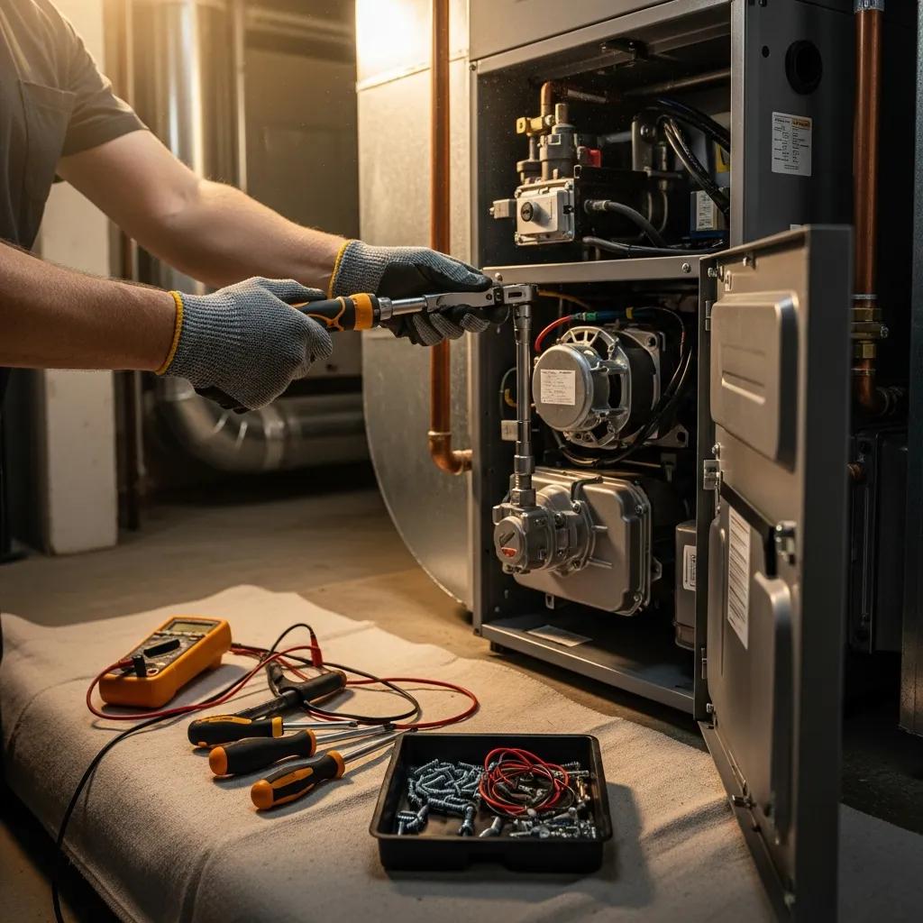 Technician performing preventative maintenance on a furnace, emphasizing the importance of regular checks