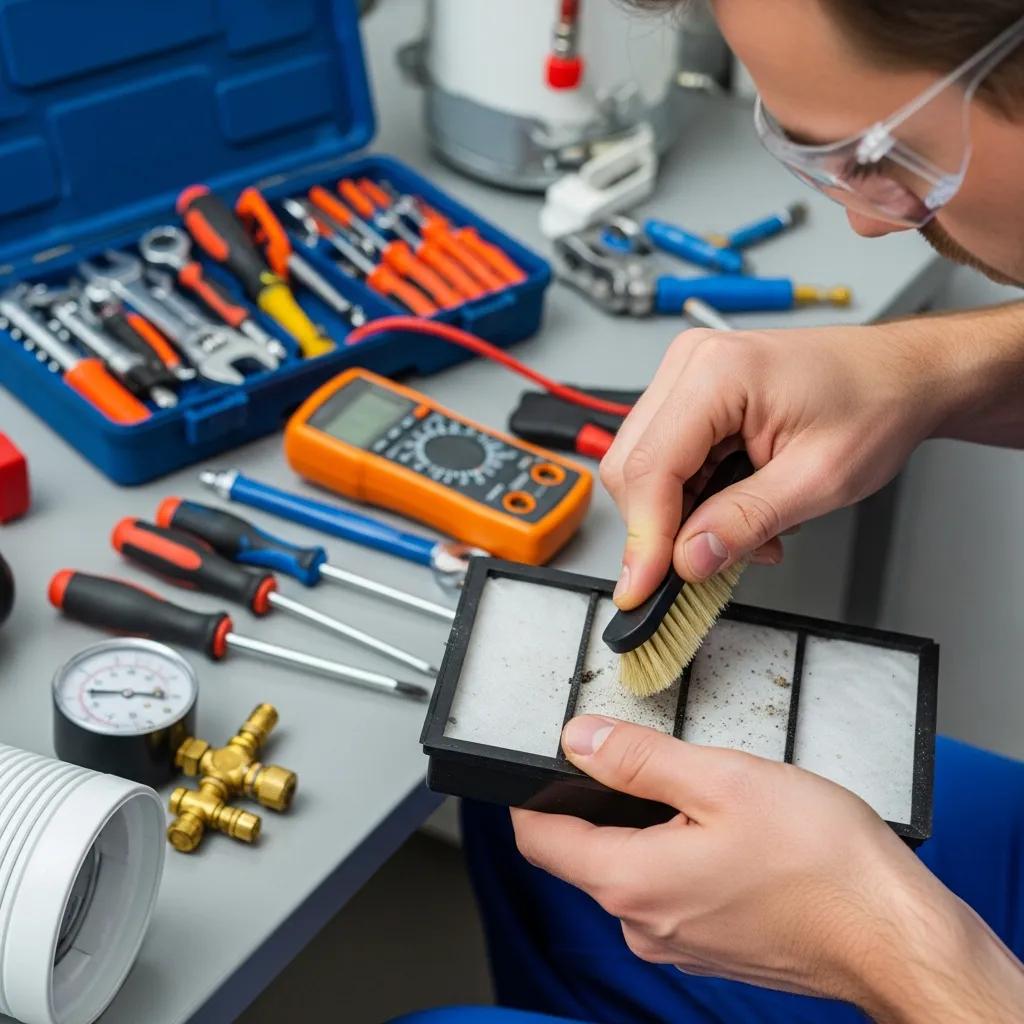 Technician performing preventative heating maintenance in a Greenville home