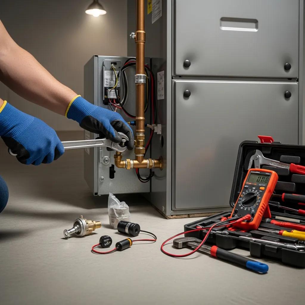 Technician repairing a furnace in a clean basement, illustrating common HVAC repair issues