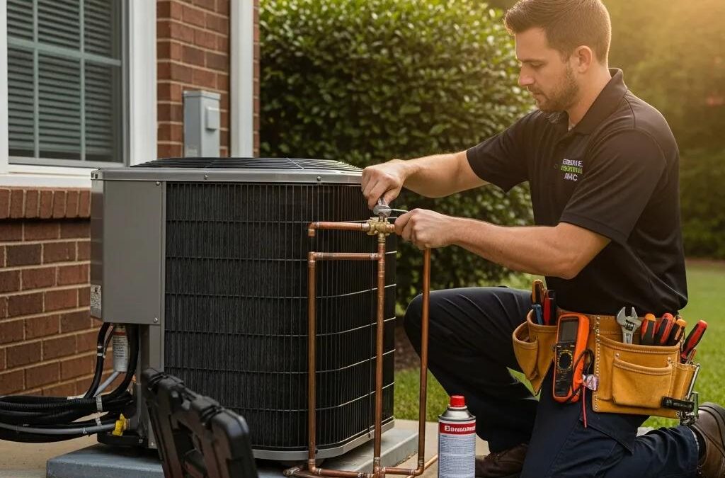 Technician repairing an air conditioning unit in a residential home during summer