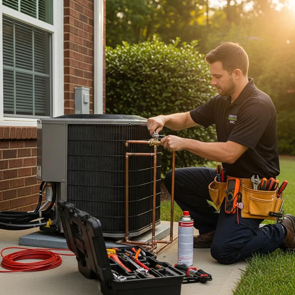 technician repairing an air conditioning unit in a residential home during summer 4043a408 cc4d 44eb 9b1f 790c70dc46b8