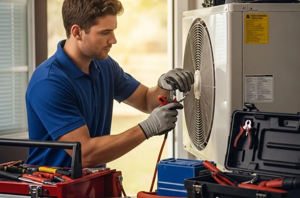 Technician repairing an air conditioning unit in a Spartanburg home, highlighting AC repair costs and services
