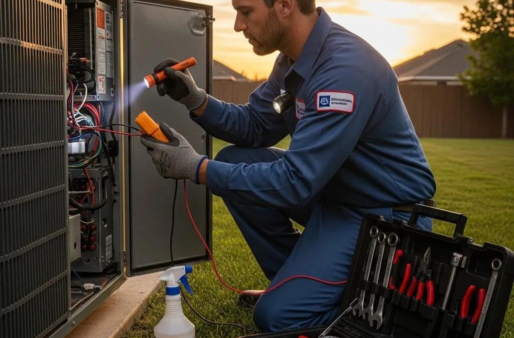 Technician repairing an HVAC system in a home, emphasizing emergency repair services