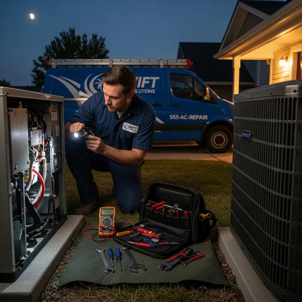 Technician responding to an emergency AC repair call at night, emphasizing urgent repair services in Spartanburg