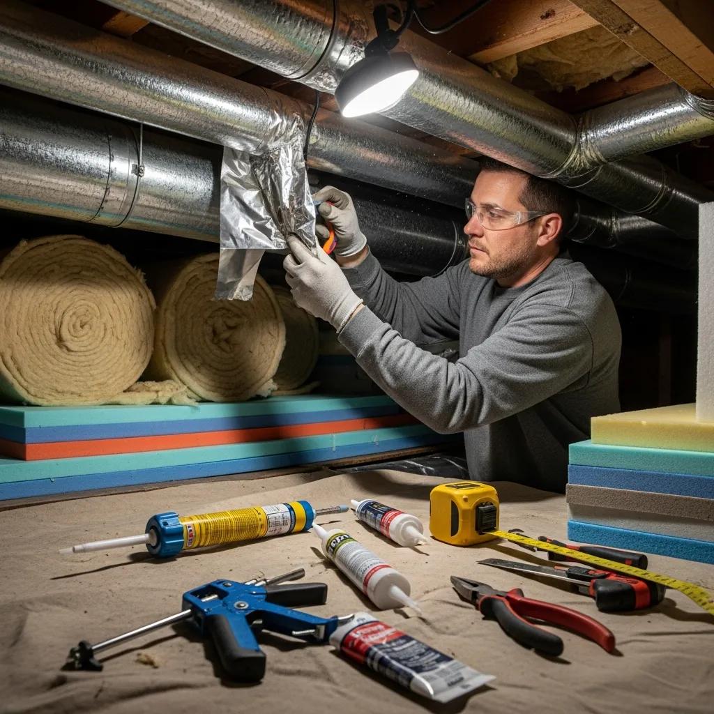 Technician sealing ducts in a home, highlighting the importance of duct sealing for HVAC efficiency