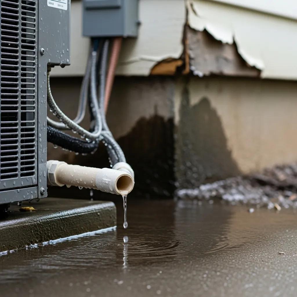 Water pooling around an air conditioning unit indicating a leak