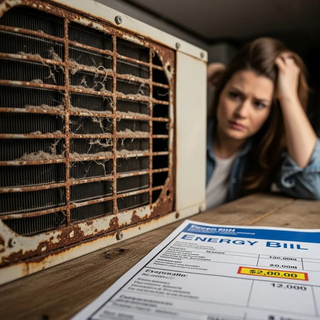 Worn air conditioning unit with rust and dust, highlighting signs for replacement