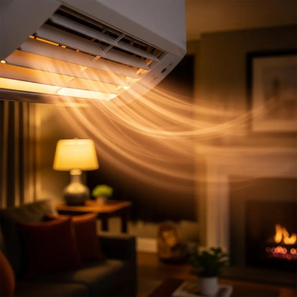 Close-up of an air conditioning vent blowing warm air in a cozy living room