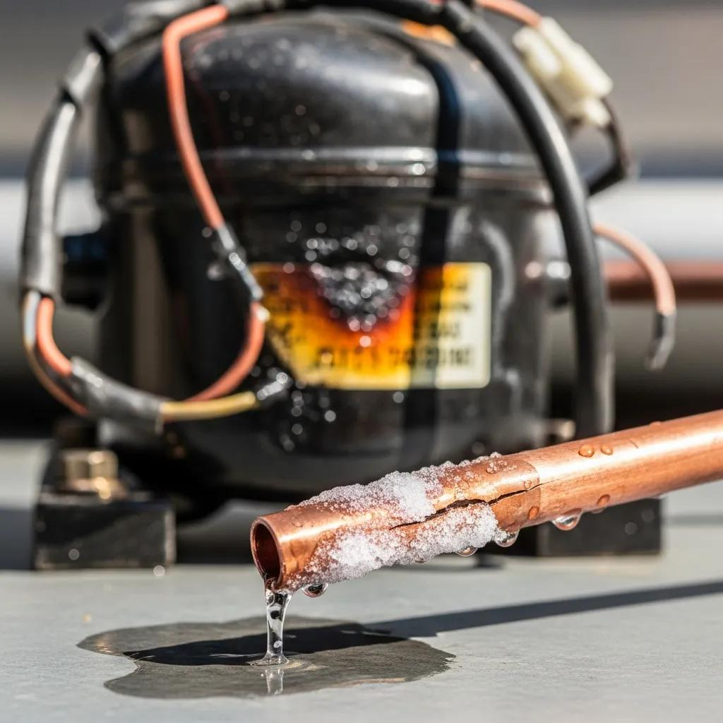 Close-up of common air conditioning issues like refrigerant leaks and compressor failures