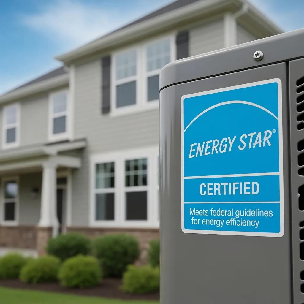 Close-up of Energy Star certification label on a high-efficiency HVAC unit, emphasizing energy efficiency
