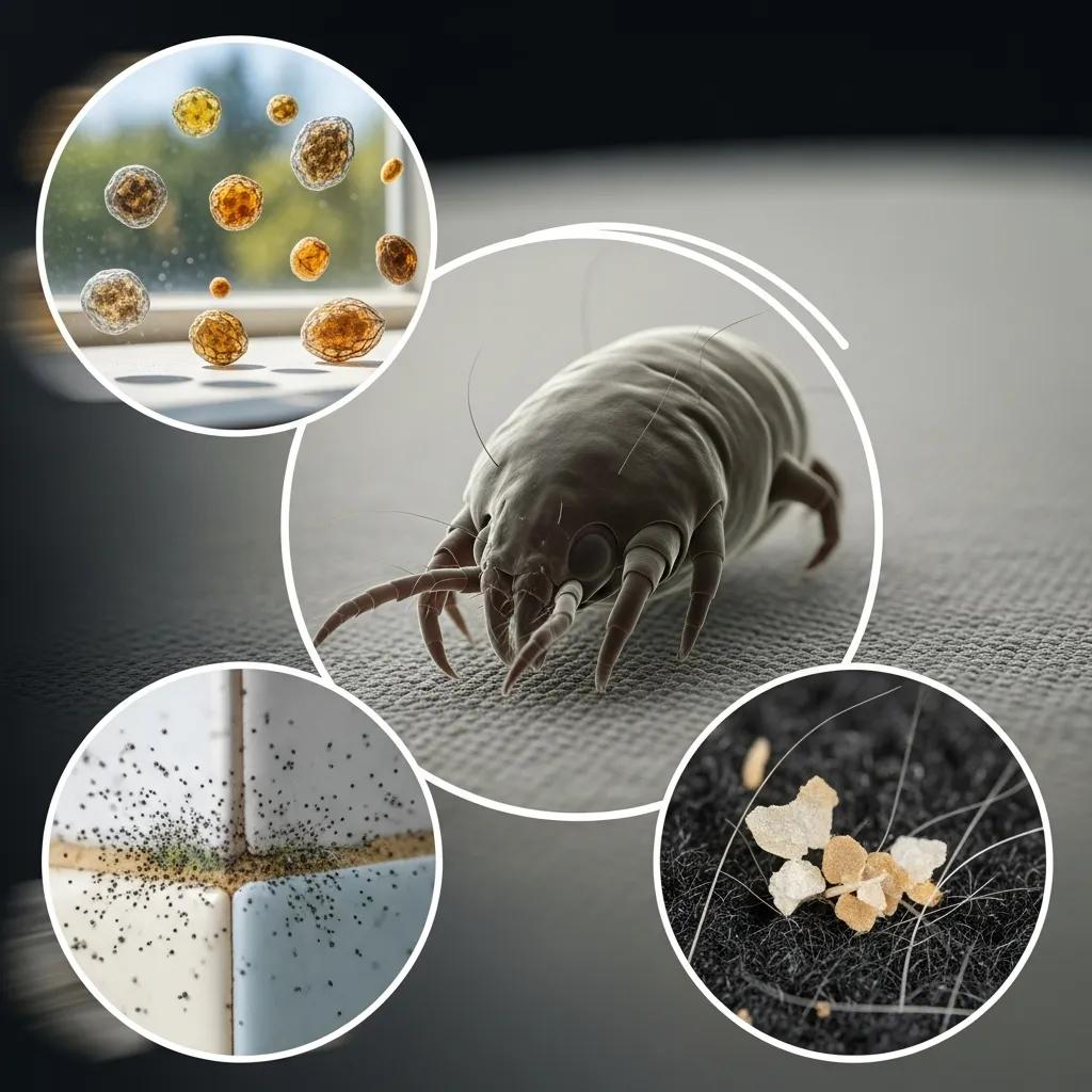 Collage showing pollen, mold spores, and dust mites as common indoor air pollutants