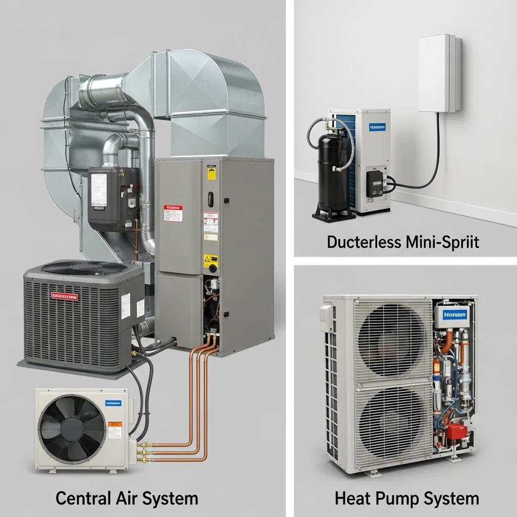 Collage of HVAC systems including central air, ductless mini-split, and heat pump for Greenville homes