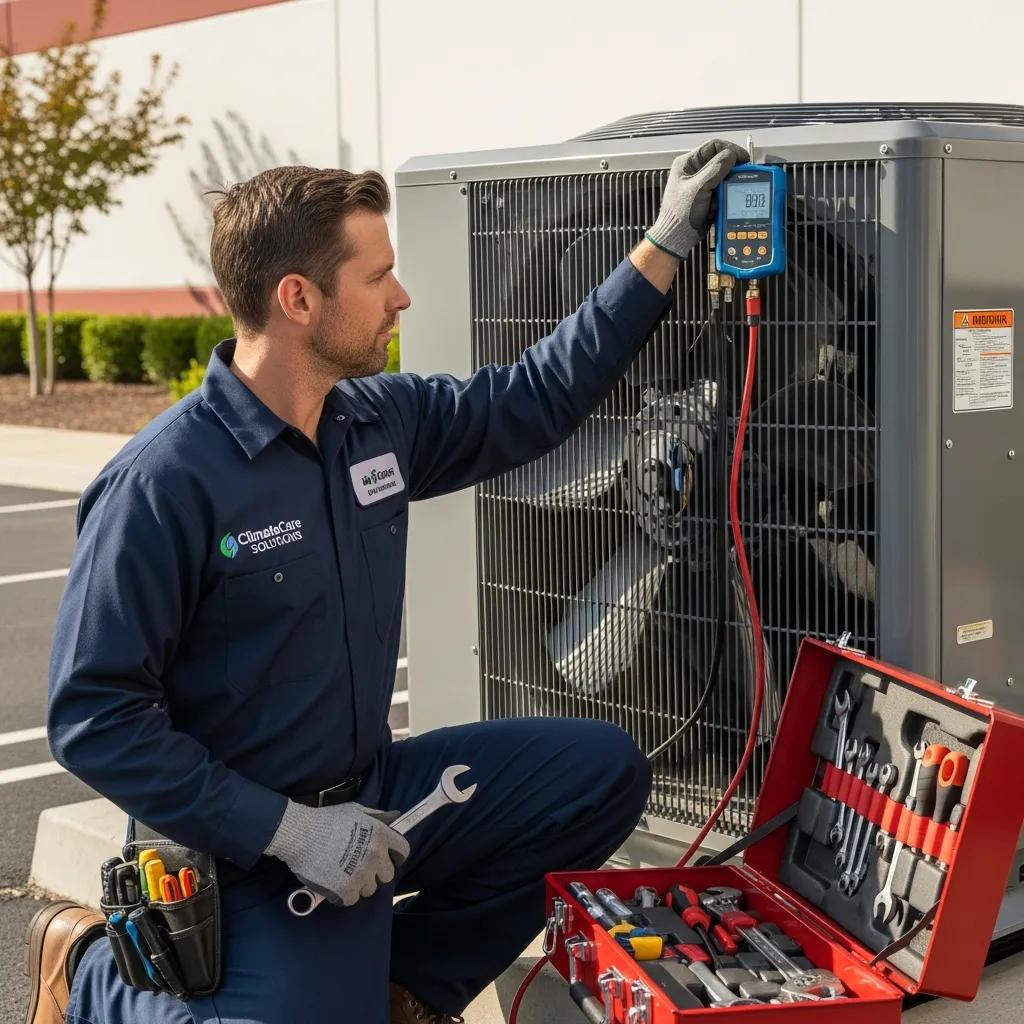 Commercial HVAC technician performing maintenance on an air conditioning system, illustrating the benefits of regular AC maintenance