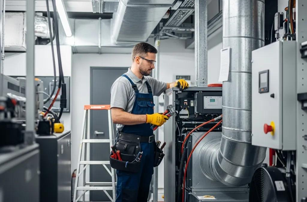 Commercial HVAC technician working on a modern HVAC system in a business environment
