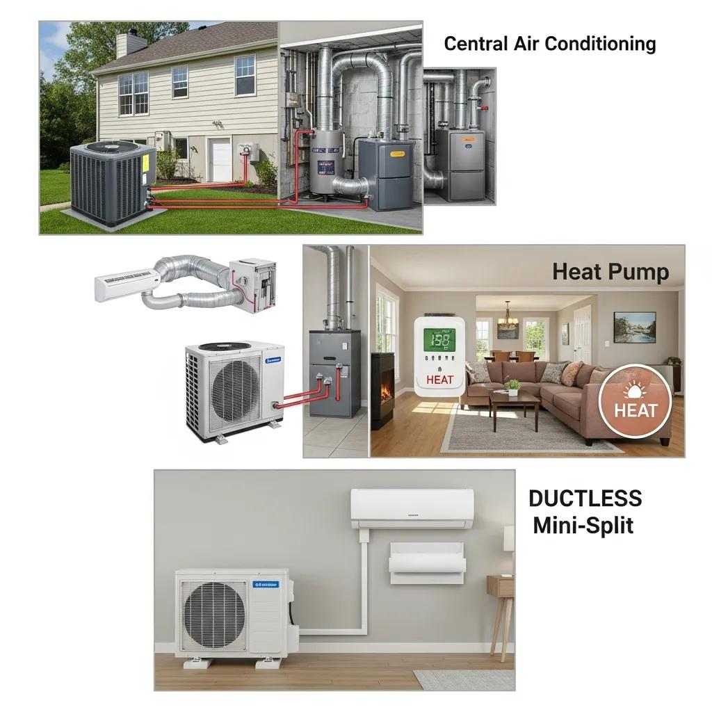 Different types of air conditioning systems displayed in home environments, showcasing central air, heat pumps, and ductless mini-splits