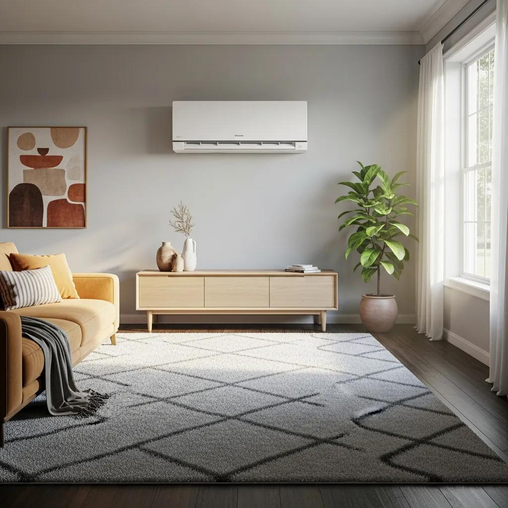 Ductless mini-split heat pump system in a modern living room setting