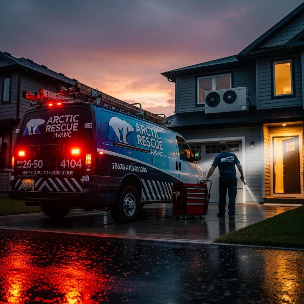 Emergency HVAC service vehicle ready for heat pump repair, illustrating prompt response