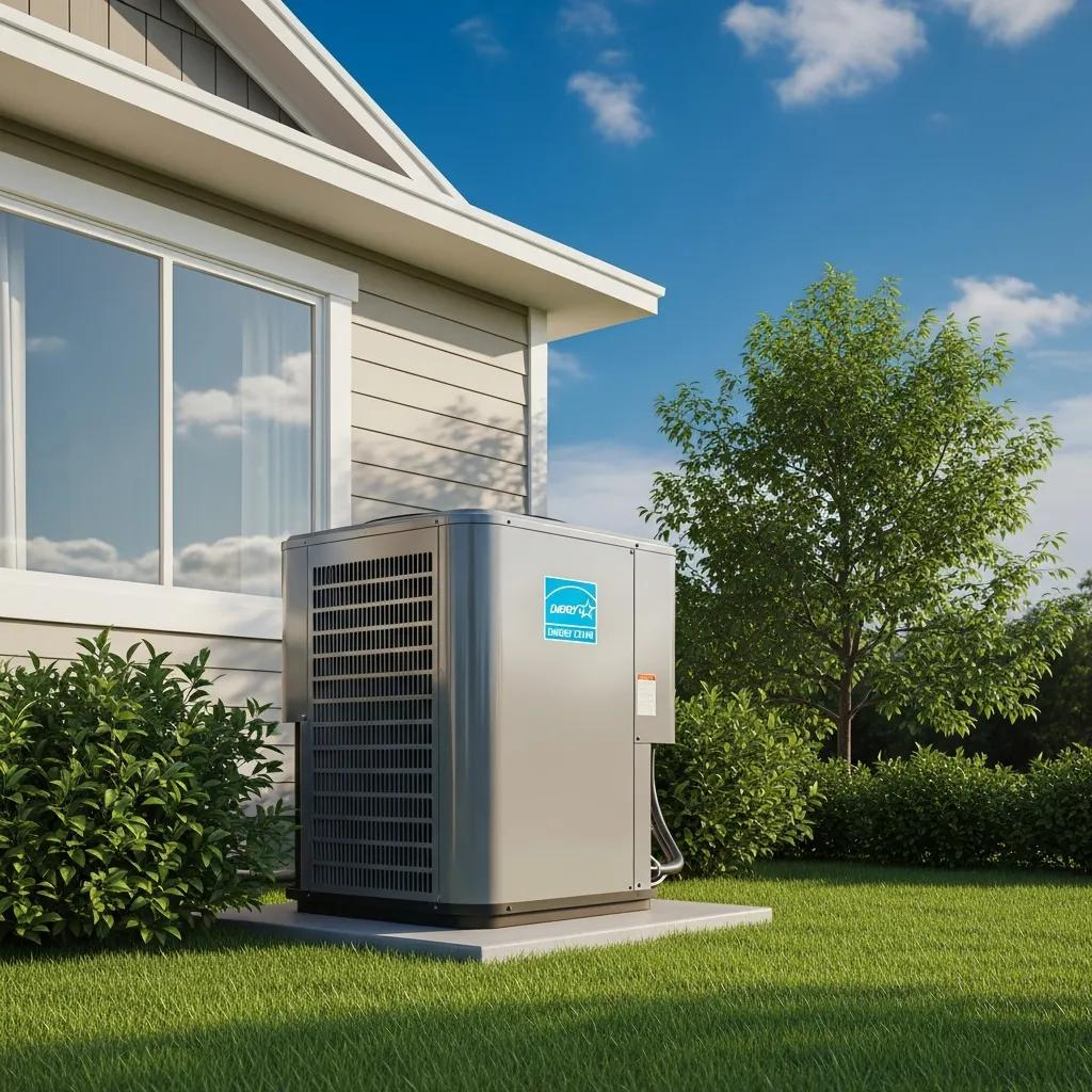 Energy Star certified outdoor air conditioning unit installed next to a home, emphasizing energy efficiency and modern HVAC solutions for effective cooling and heating.
