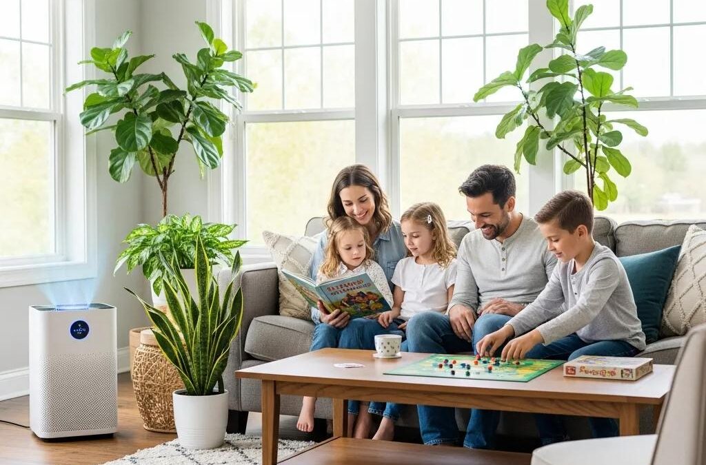 Family enjoying clean indoor air in a bright living room with an air purifier