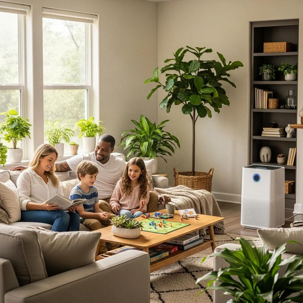 family enjoying clean indoor air in a bright living room with an air purifier and plants fd606dee a263 458d aced a8df7e19a043