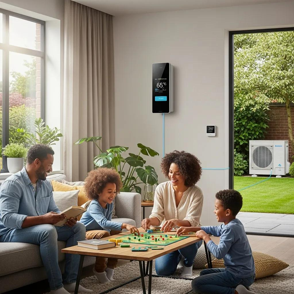 Family enjoying comfort indoors with energy-efficient heat pump in background