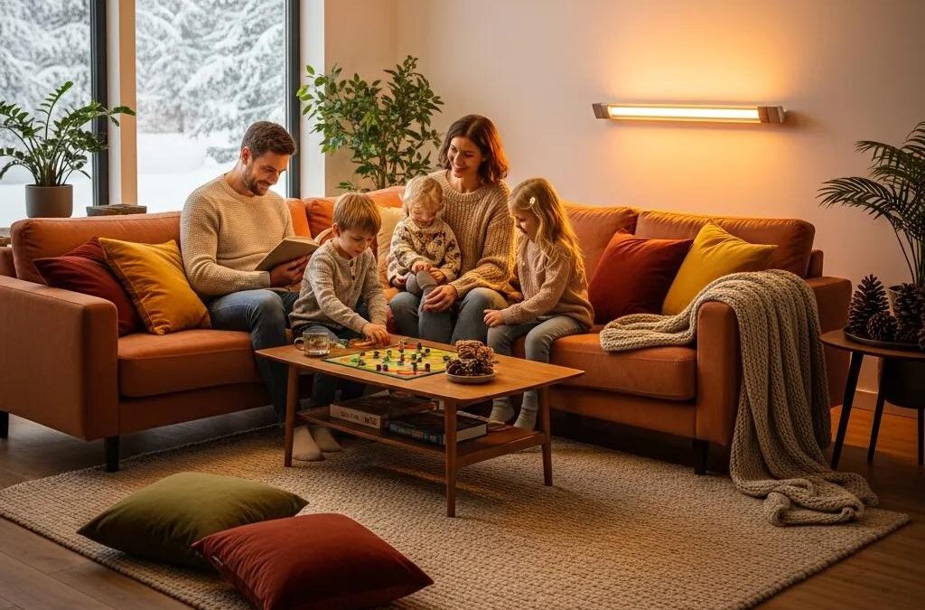 Family enjoying warmth in a cozy living room with a modern heating system