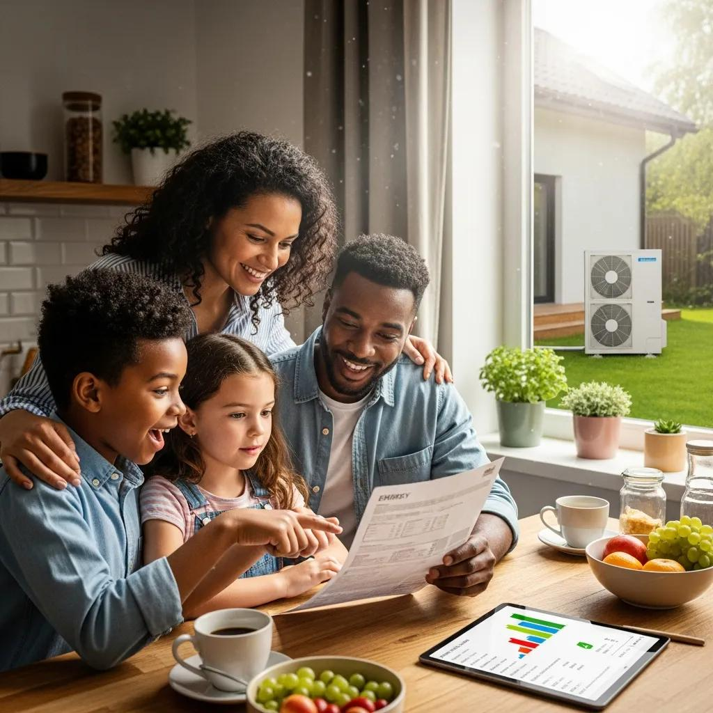 Family reviewing energy savings from heat pump installation in Greenville SC