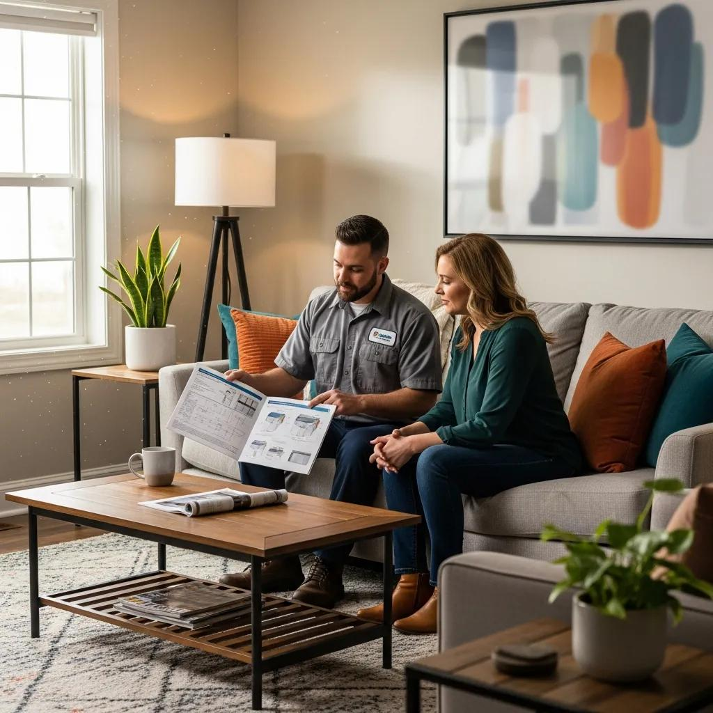Homeowner consulting with HVAC technician about air conditioning unit sizing in a cozy living room, reviewing plans and options for efficient cooling solutions.