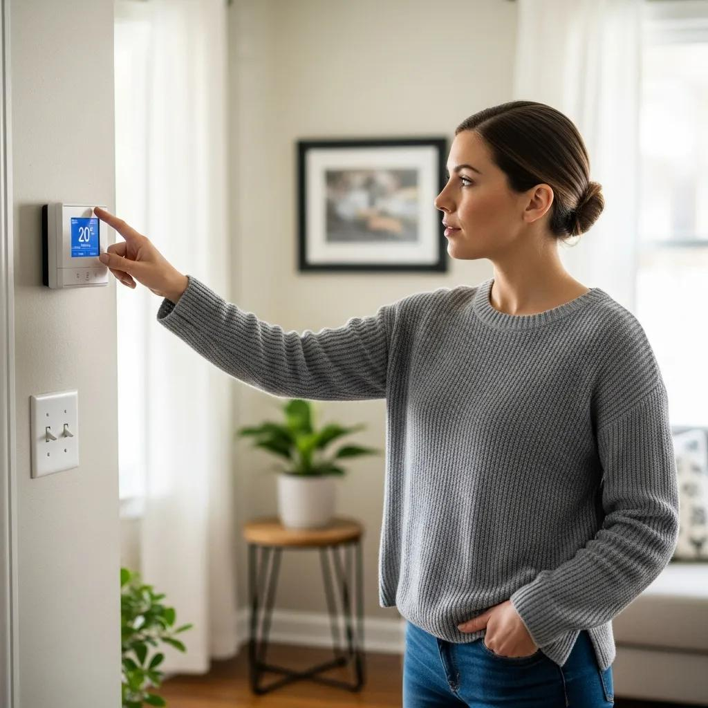 Homeowner preparing for HVAC technician visit by checking thermostat and turning off system