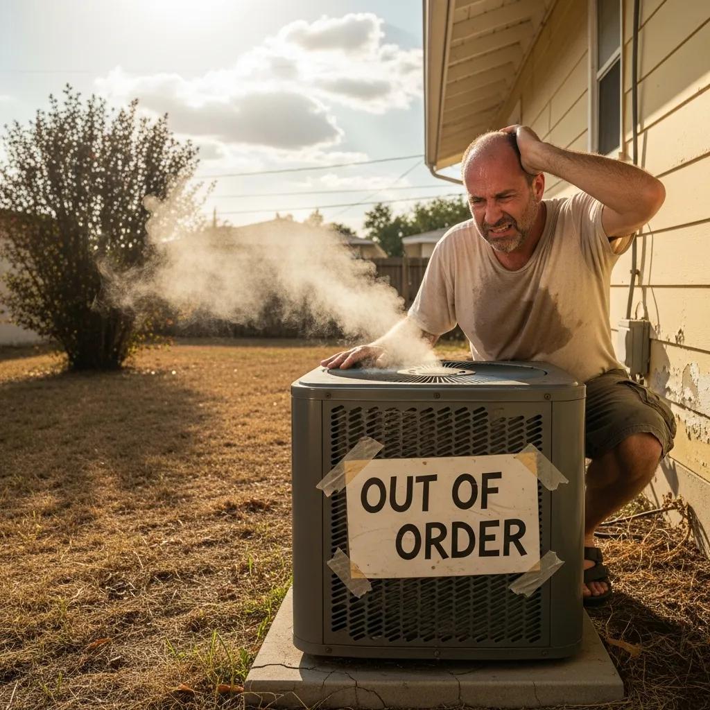 Homeowner showing signs of distress due to a malfunctioning air conditioning unit, highlighting the need for emergency AC repair