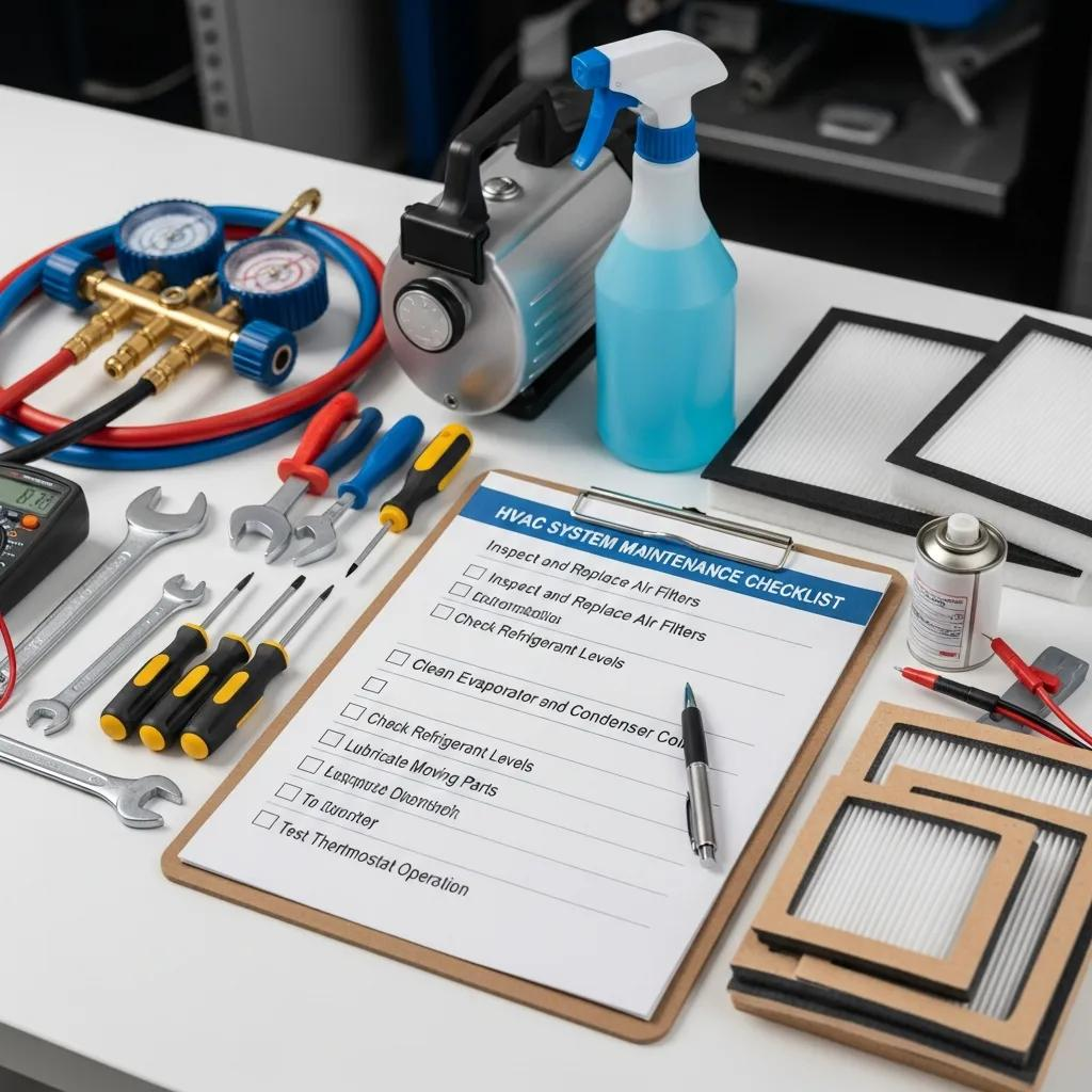 HVAC maintenance checklist with tools, highlighting essential tasks for system upkeep