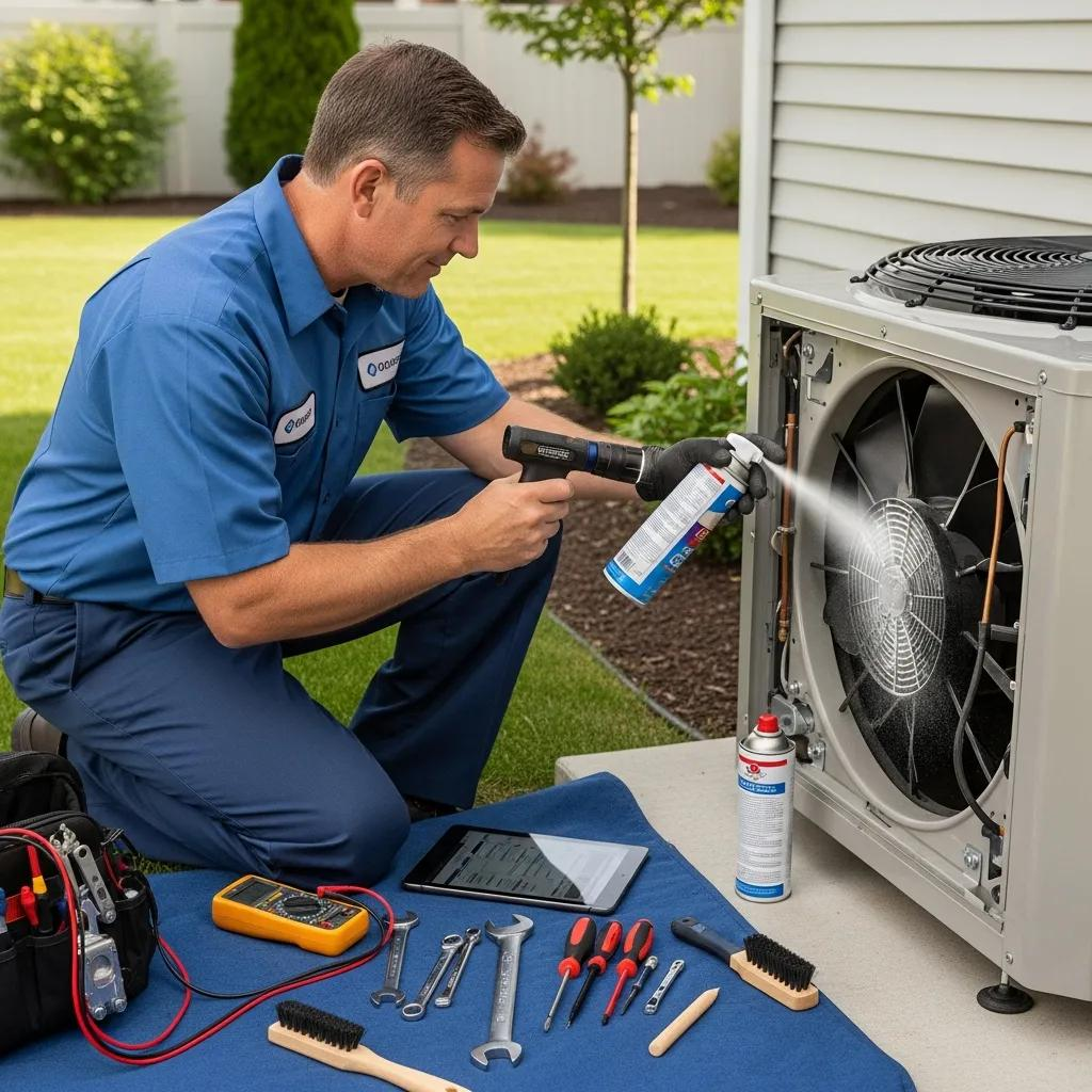 HVAC technician conducting maintenance on a heat pump, showcasing professional service