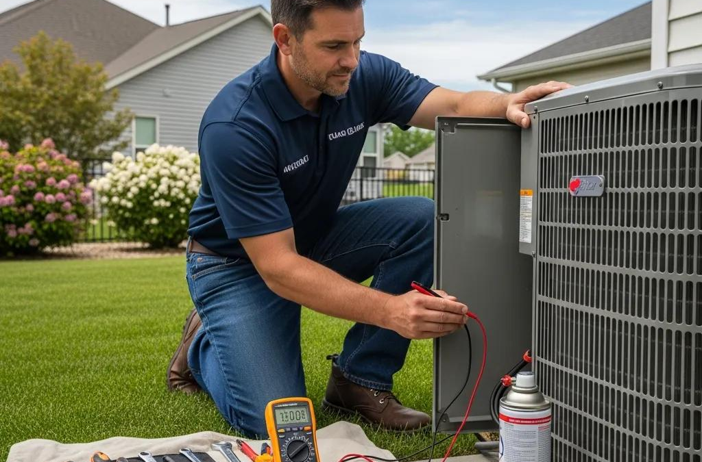 HVAC technician inspecting an air conditioning unit in a residential setting, emphasizing professional AC repair services