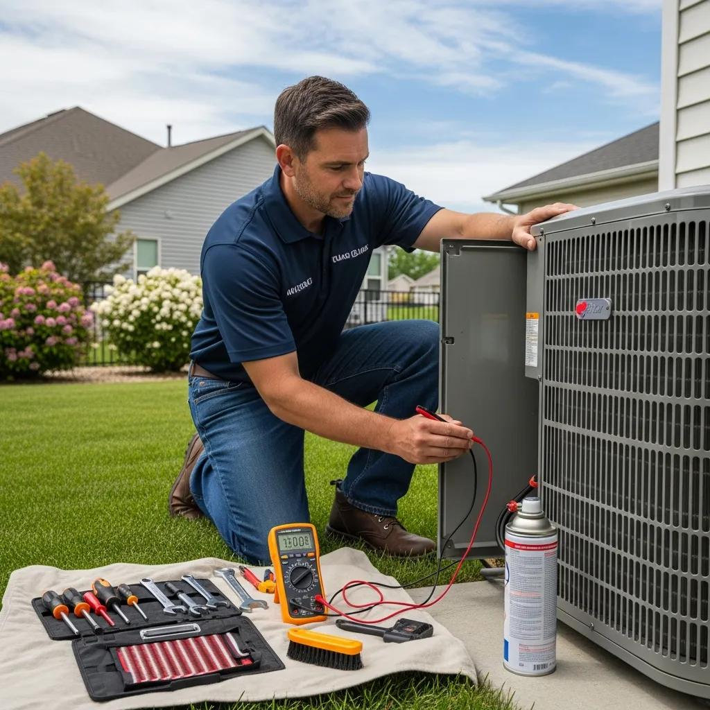 hvac technician inspecting an air conditioning unit in a residential setting emphasizing professional ac repair services 78949ed3 b7e0 468e a730 11fd217ca0ea