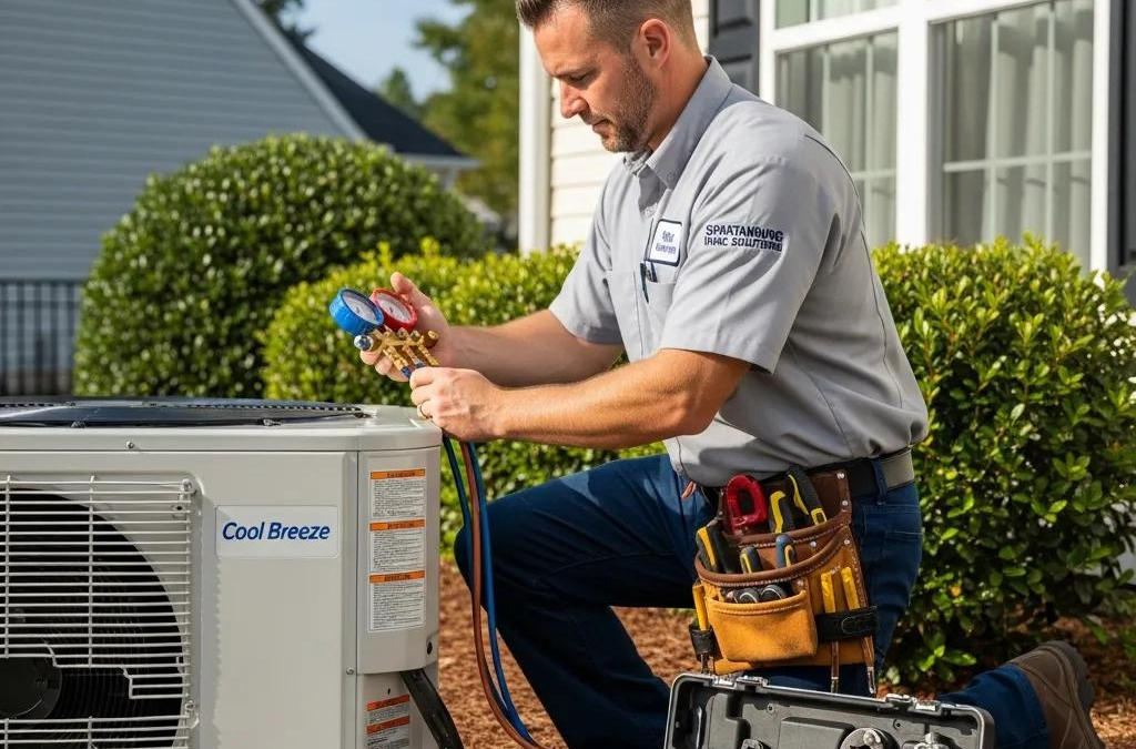 HVAC technician installing an air conditioning unit in a Spartanburg home