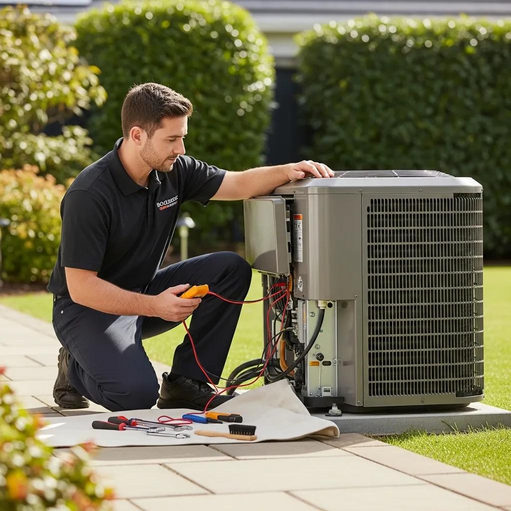 HVAC technician performing maintenance on a heating and cooling system, showcasing professional service