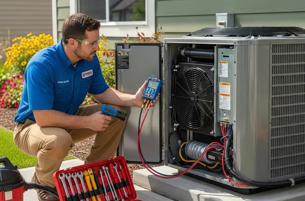 HVAC technician performing maintenance on a residential HVAC system