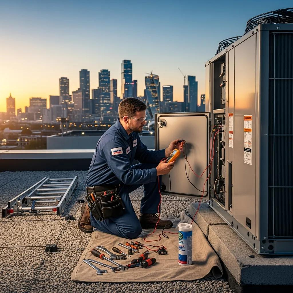 HVAC technician performing maintenance on commercial air conditioning unit on rooftop